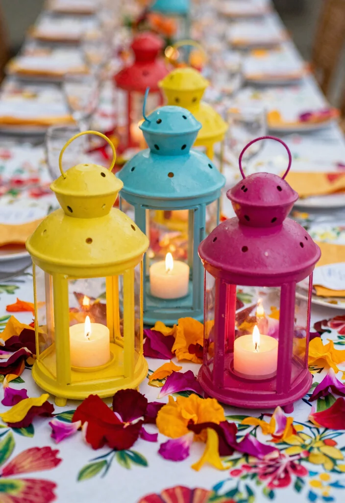 14 Flameless Candle Wedding Centerpieces That Stay Lit All Night - 9. Colorful Lantern Displays 1