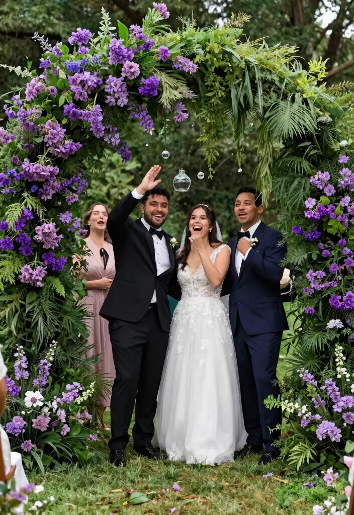 14 Purple Wedding Backdrop Ideas That Hold Through the Last Dance - 10. Purple and Greenery Arch 1