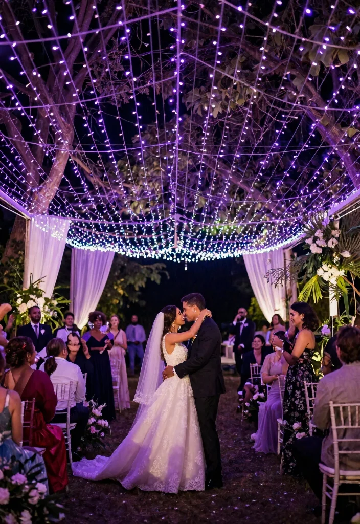 14 Purple Wedding Backdrop Ideas That Hold Through the Last Dance - 12. Enchanted Fairy Light Canopy 1
