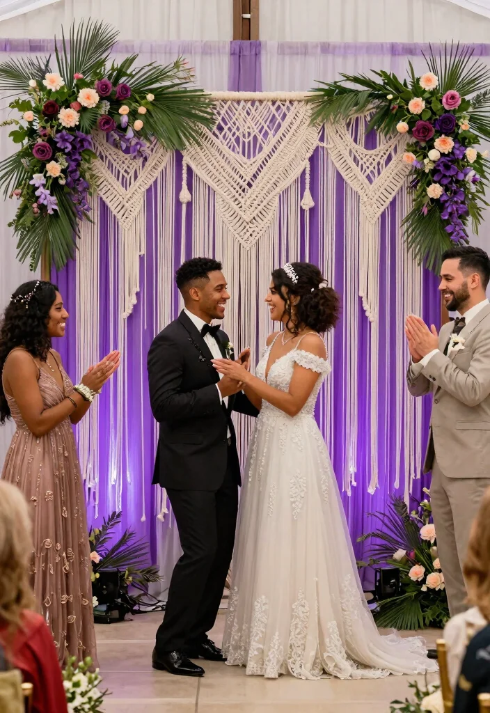 14 Purple Wedding Backdrop Ideas That Hold Through the Last Dance - 13. Boho Chic Macramé Backdrop 1