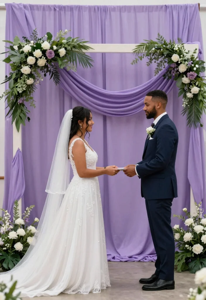 14 Purple Wedding Backdrop Ideas That Hold Through the Last Dance - 14. Simple Yet Elegant Purple Fabric Backdrop 1