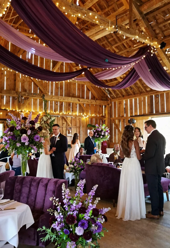 14 Purple Wedding Backdrop Ideas That Hold Through the Last Dance - 2. Rustic Purple Barn Backdrop 1