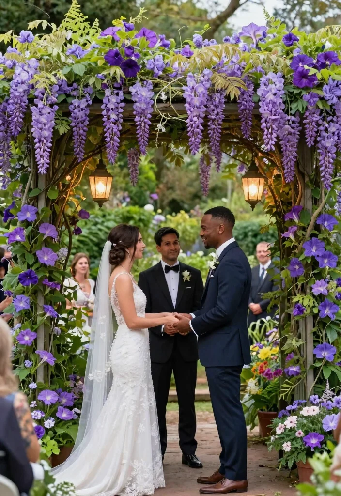 14 Purple Wedding Backdrop Ideas That Hold Through the Last Dance - 3. Whimsical Garden Trellis 1