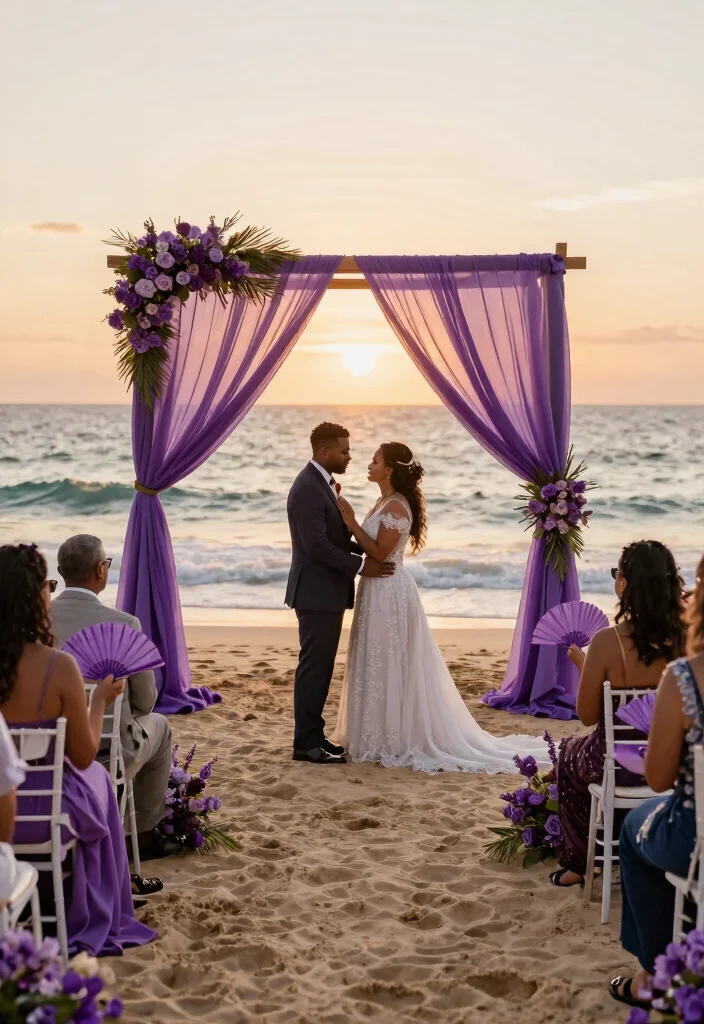14 Purple Wedding Backdrop Ideas That Hold Through the Last Dance - 5. Beachfront Bliss 1