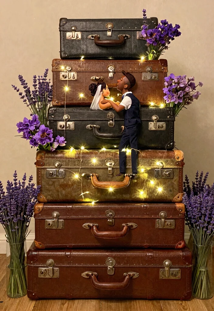 14 Purple Wedding Backdrop Ideas That Hold Through the Last Dance - 7. Vintage Suitcase Display 1