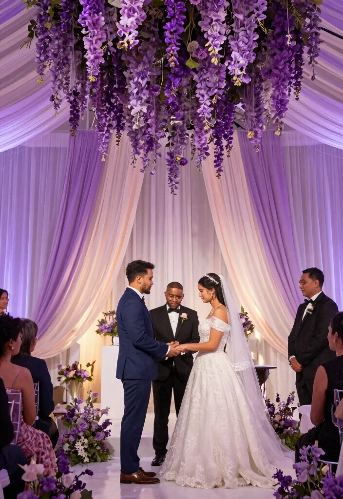 14 Purple Wedding Backdrop Ideas That Hold Through the Last Dance - 8. Floating Floral Arrangements 1
