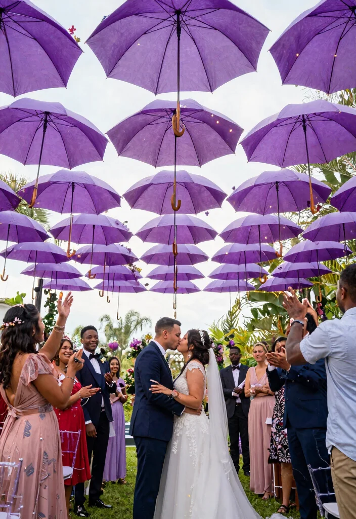 14 Purple Wedding Backdrop Ideas That Hold Through the Last Dance - 9. Charming Purple Umbrellas 1