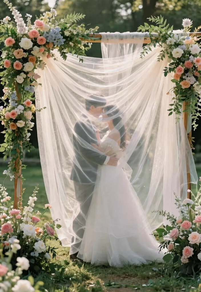 14 Wedding Arch Fabric Ideas That Drape Without Slipping - 10. Soft Organza Layers 1