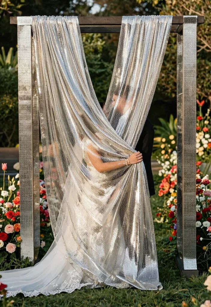 14 Wedding Arch Fabric Ideas That Drape Without Slipping - 12. Metallic Mesh Draping 1