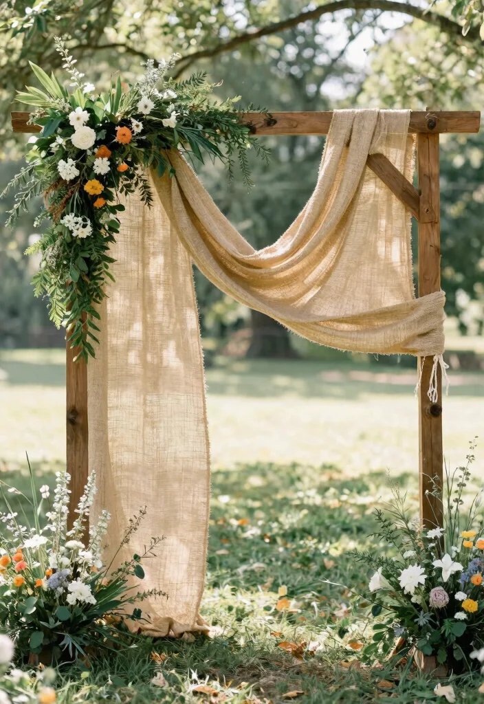 14 Wedding Arch Fabric Ideas That Drape Without Slipping - 13. Natural Jute and Greenery Combo 1