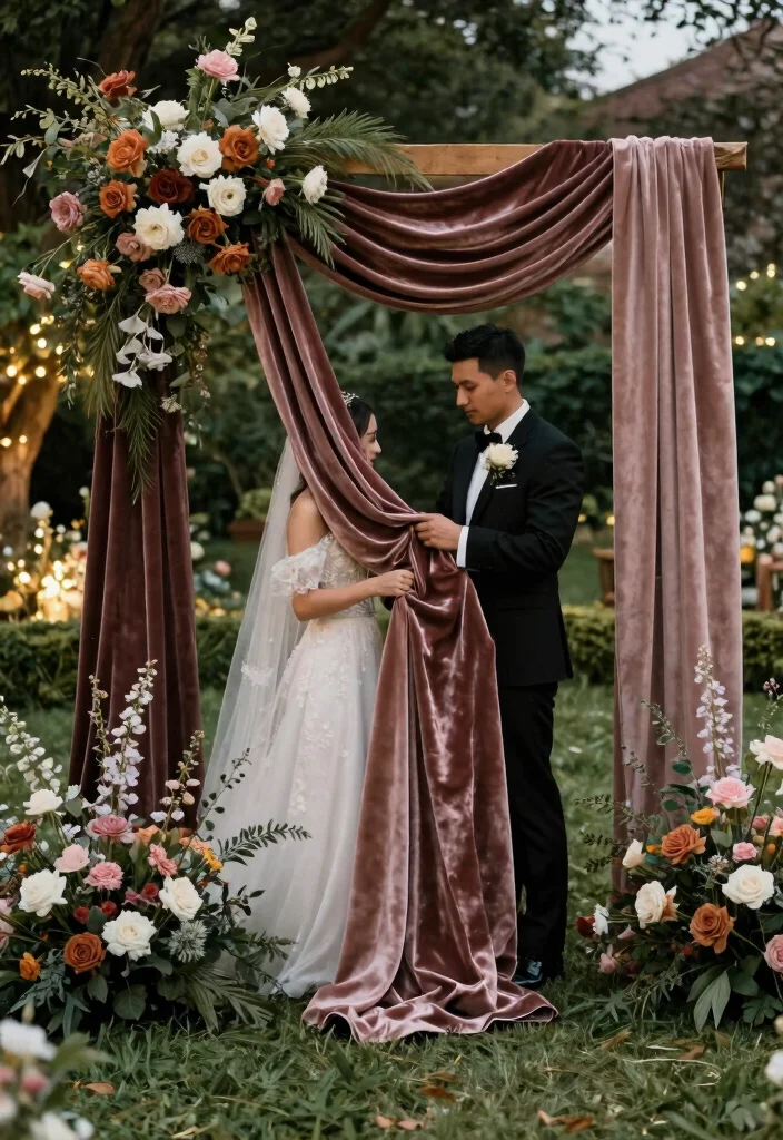14 Wedding Arch Fabric Ideas That Drape Without Slipping - 14. Soft Velvet Touch 1