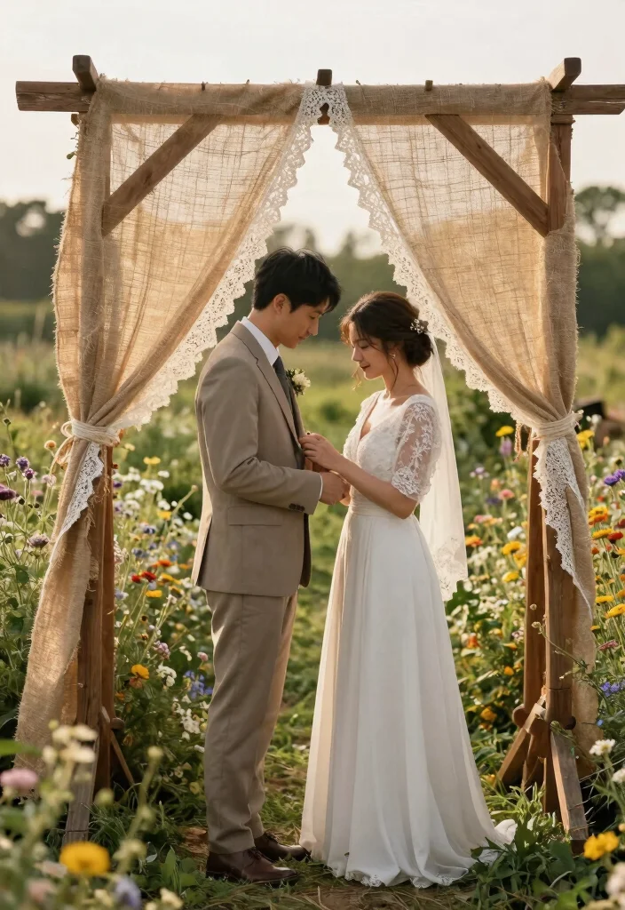 14 Wedding Arch Fabric Ideas That Drape Without Slipping - 2. Rustic Burlap and Lace Combination 1
