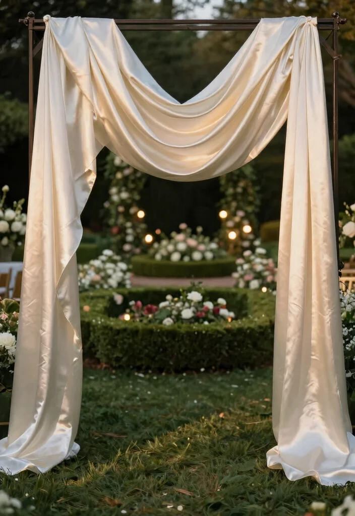 14 Wedding Arch Fabric Ideas That Drape Without Slipping - 3. Elegant Satin Drapes 1