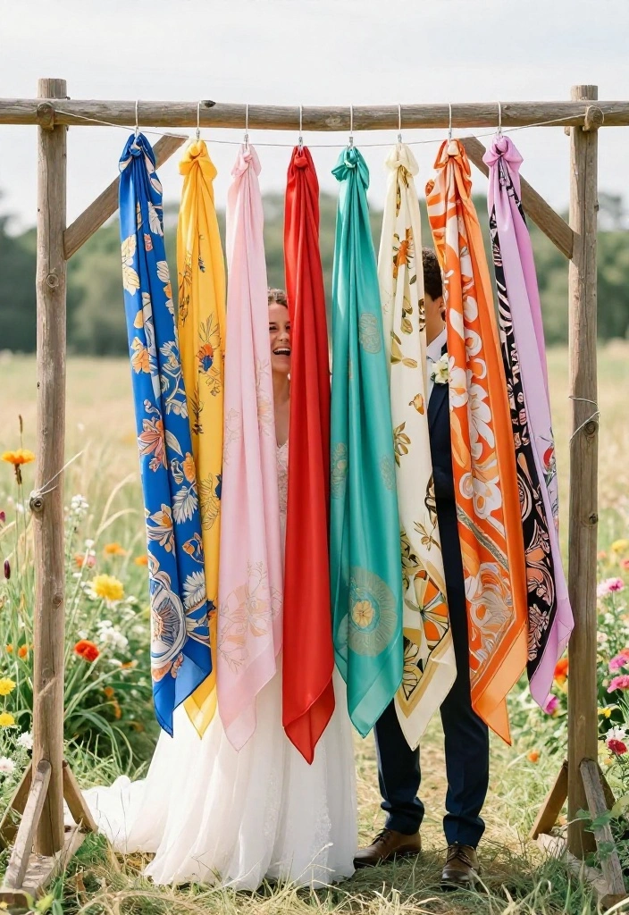 14 Wedding Arch Fabric Ideas That Drape Without Slipping - 4. Vibrant Silk Scarves 1
