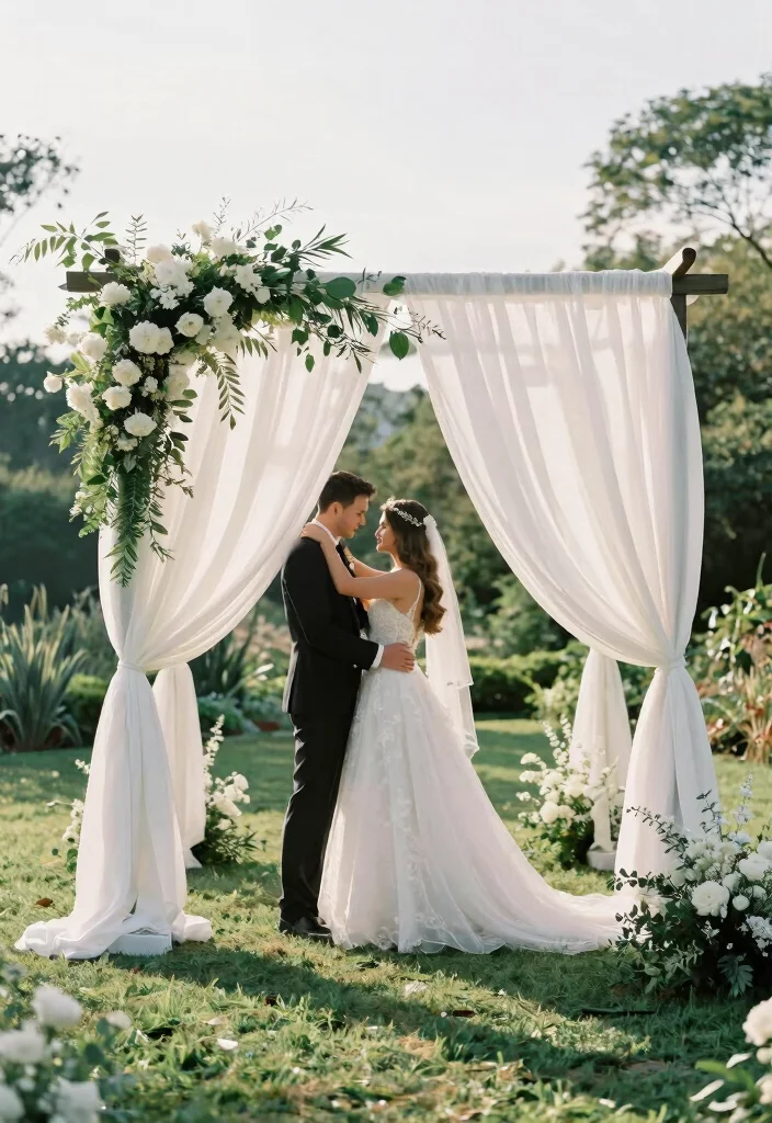 14 Wedding Arch Fabric Ideas That Drape Without Slipping - 5. Classic White Drapes 1