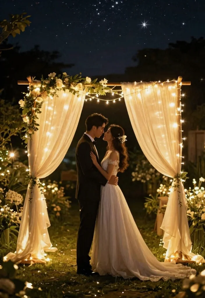 14 Wedding Arch Fabric Ideas That Drape Without Slipping - 6. Whimsical Fairy Lights and Fabric 1