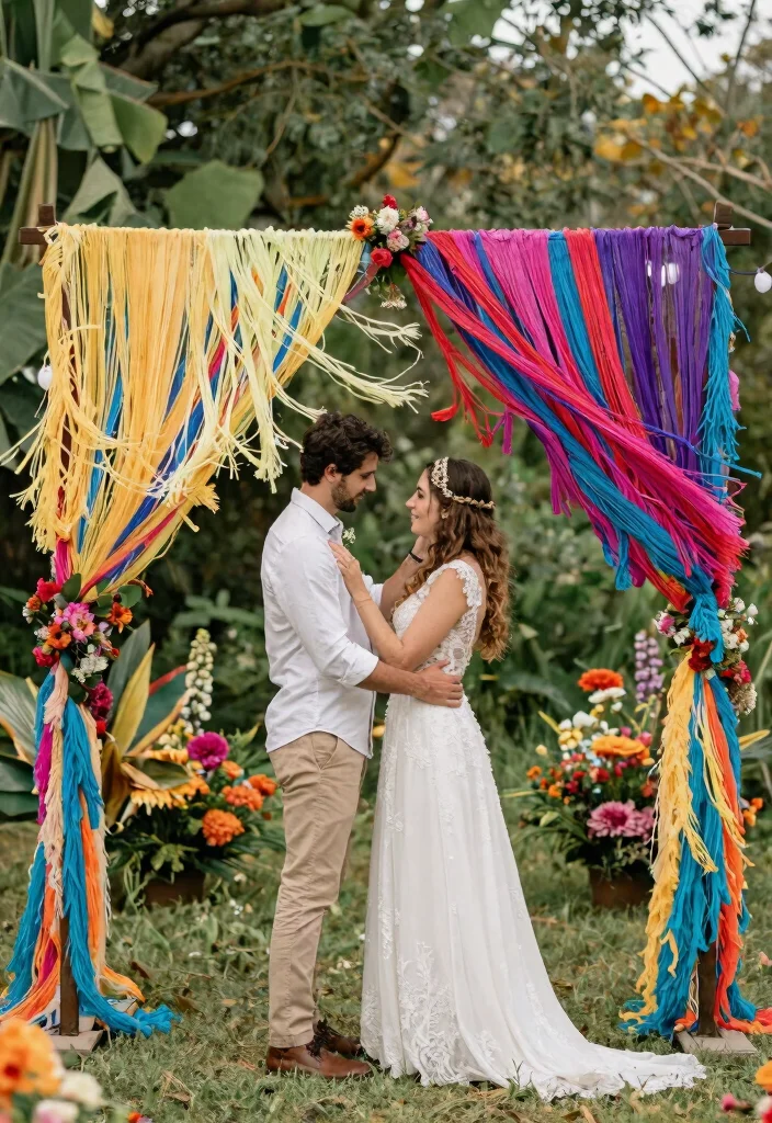 14 Wedding Arch Fabric Ideas That Drape Without Slipping - 7. Bohemian Fringe Details 1