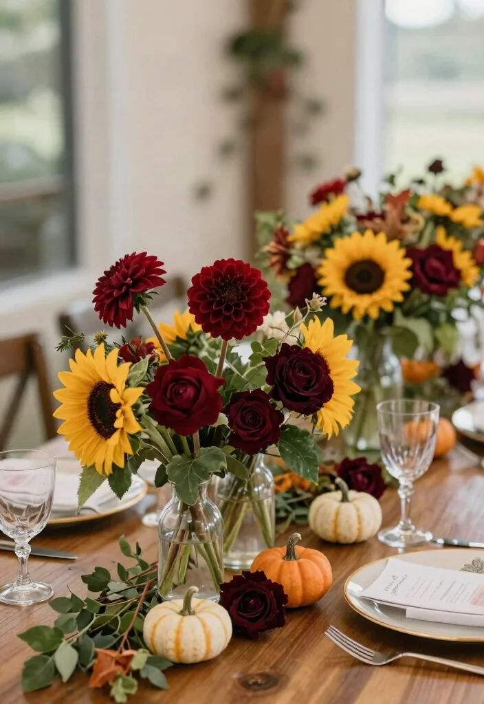 15 Autumn Wedding Table Decorations Without Messy Dried Leaves - 1. Seasonal Floral Arrangements 1