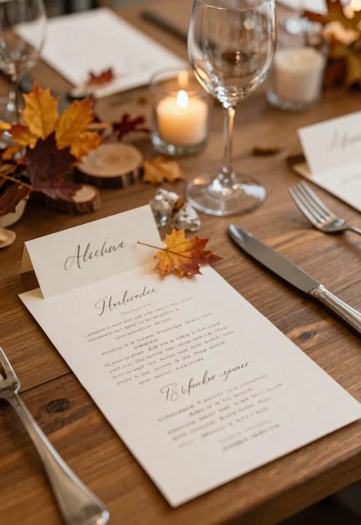 15 Autumn Wedding Table Decorations Without Messy Dried Leaves - 10. Handwritten Menus and Place Cards 1