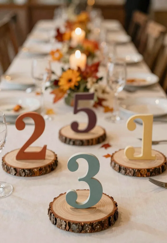 15 Autumn Wedding Table Decorations Without Messy Dried Leaves - 14. Artistic Table Numbers 1