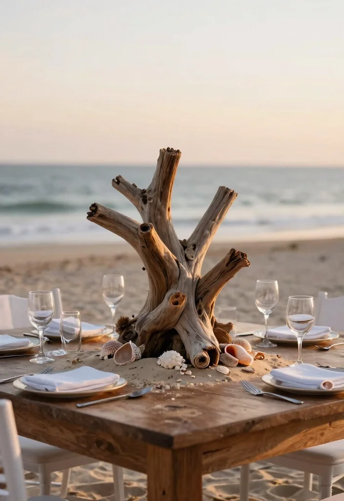 15 Beach Wedding Table Settings That Stay Put in the Wind - 11. Incorporate Driftwood and Natural Elements 1