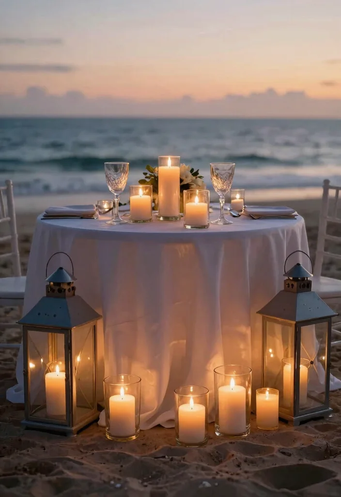 15 Beach Wedding Table Settings That Stay Put in the Wind - 13. Candles with Heavy Bases 1