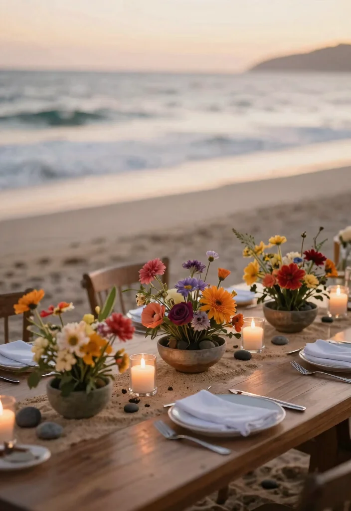 15 Beach Wedding Table Settings That Stay Put in the Wind - 7. Low-Profile Centerpieces 1