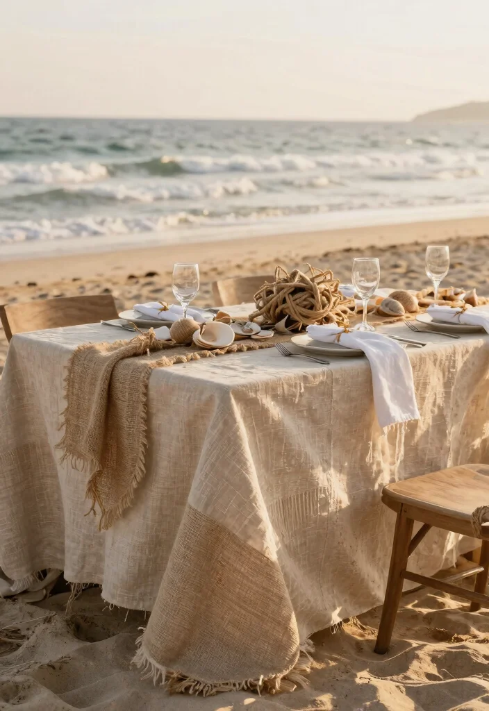 15 Beach Wedding Table Settings That Stay Put in the Wind - 8. Natural Fabrics for Decor 1