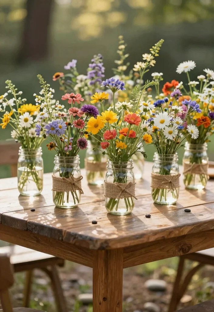 15 Country Wedding Table Decorations That Won't Blow Away Outside - 1. Mason Jar Flower Arrangements 1