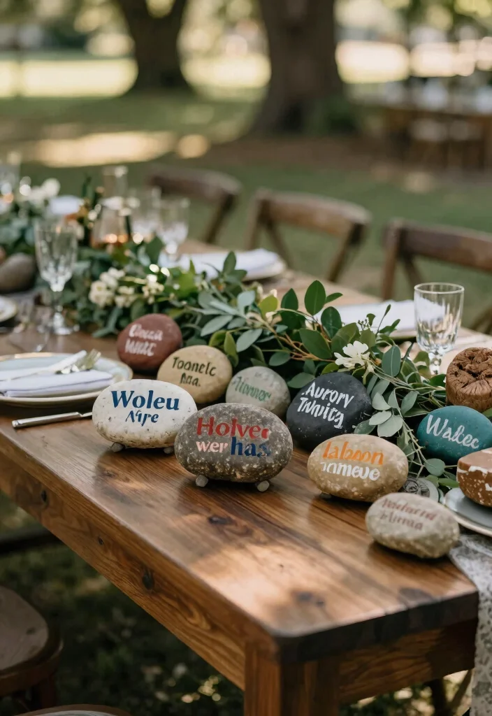 15 Country Wedding Table Decorations That Won't Blow Away Outside - 12. Hand-painted Rocks as Place Holders 1