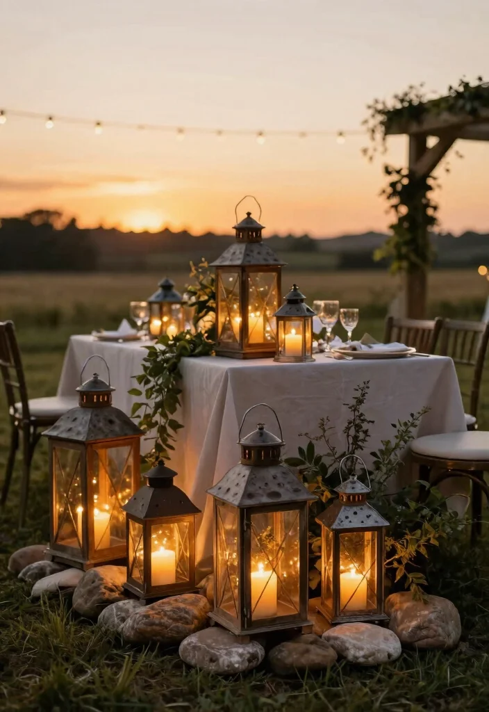 15 Country Wedding Table Decorations That Won't Blow Away Outside - 14. Lanterns with LED Lights 1