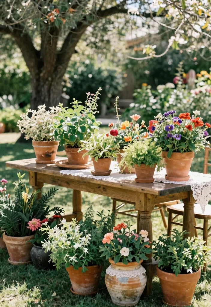 15 Country Wedding Table Decorations That Won't Blow Away Outside - 2. Potted Plant Centerpieces 1