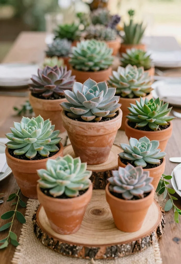 15 Country Wedding Table Decorations That Won't Blow Away Outside - 4. Terracotta Pots with Succulents 1