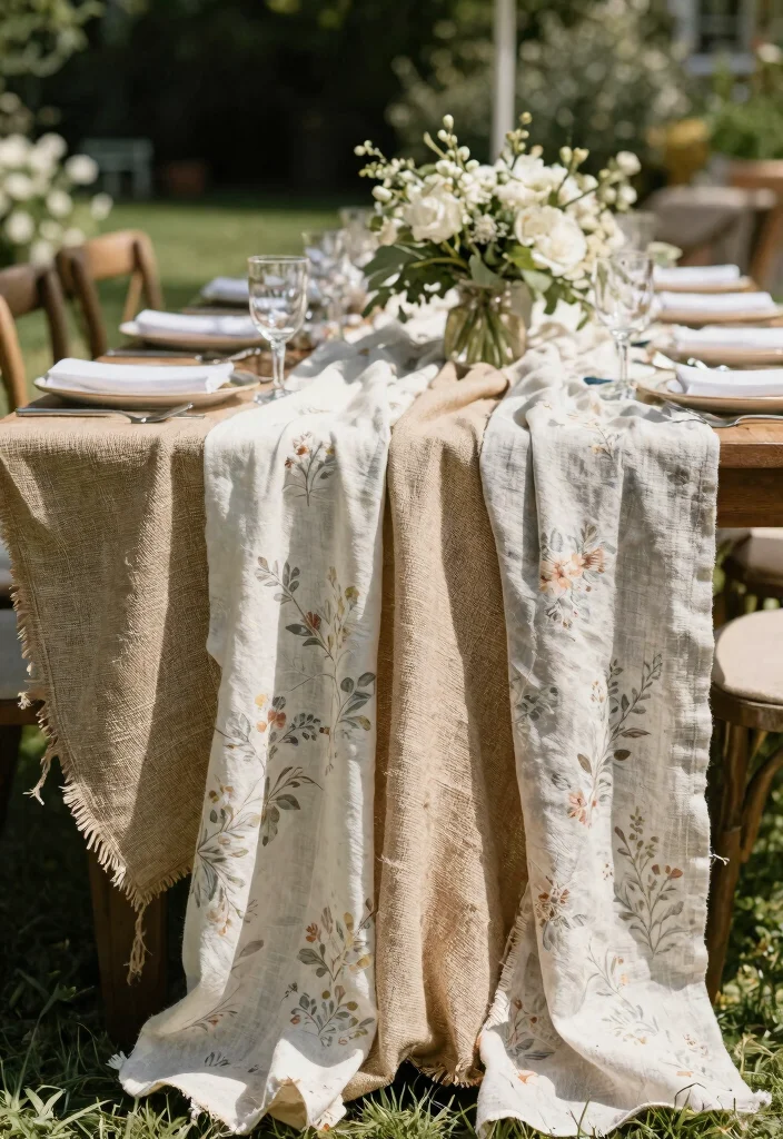 15 Country Wedding Table Decorations That Won't Blow Away Outside - 8. Fabric Table Runners 1