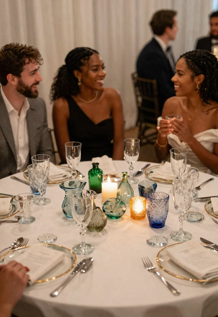15 Round Wedding Table Decorations That Fill the Space - 13. Recycled Glass Accents 1