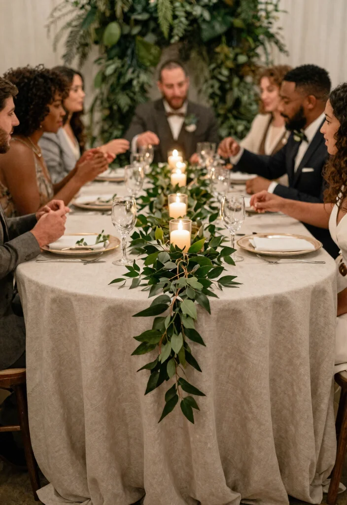 15 Round Wedding Table Decorations That Fill the Space - 7. Leafy Green Garlands 1