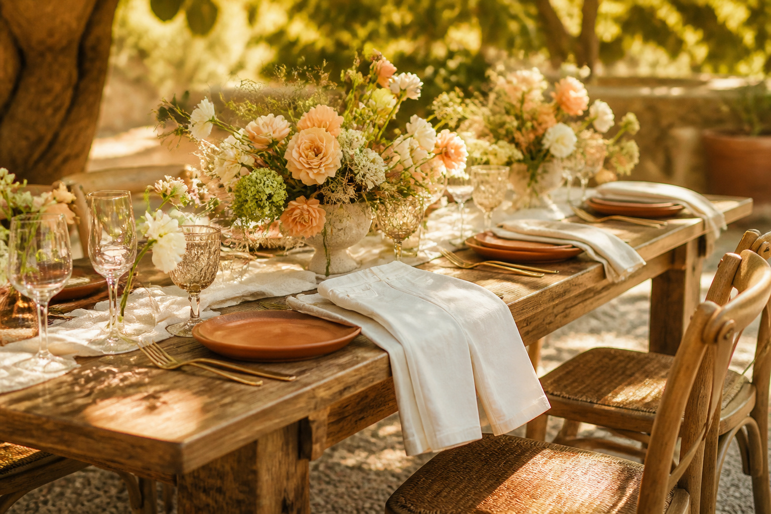 A wedding reception table with white linens and floral centerpieces.