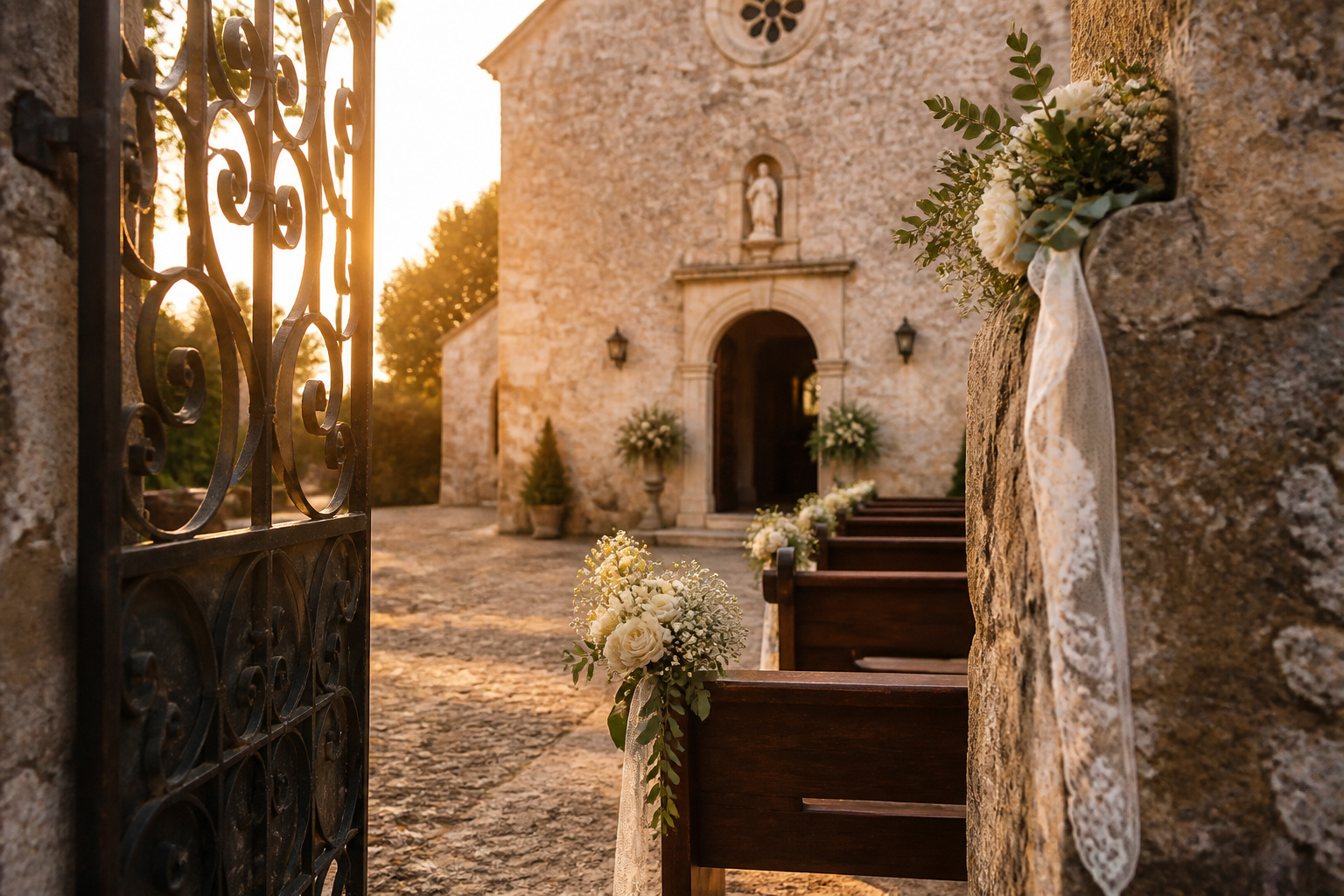 Couple standing at the altar exchanging vows in a church.