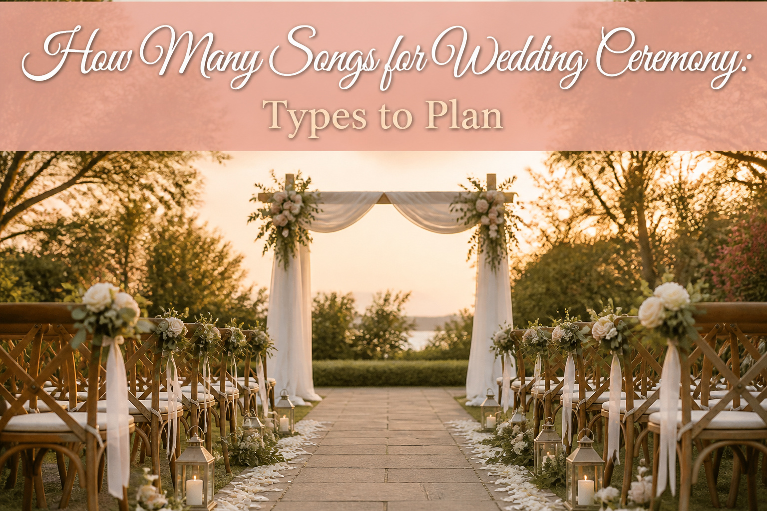 Outdoor wedding setup with white chairs and floral decorations.