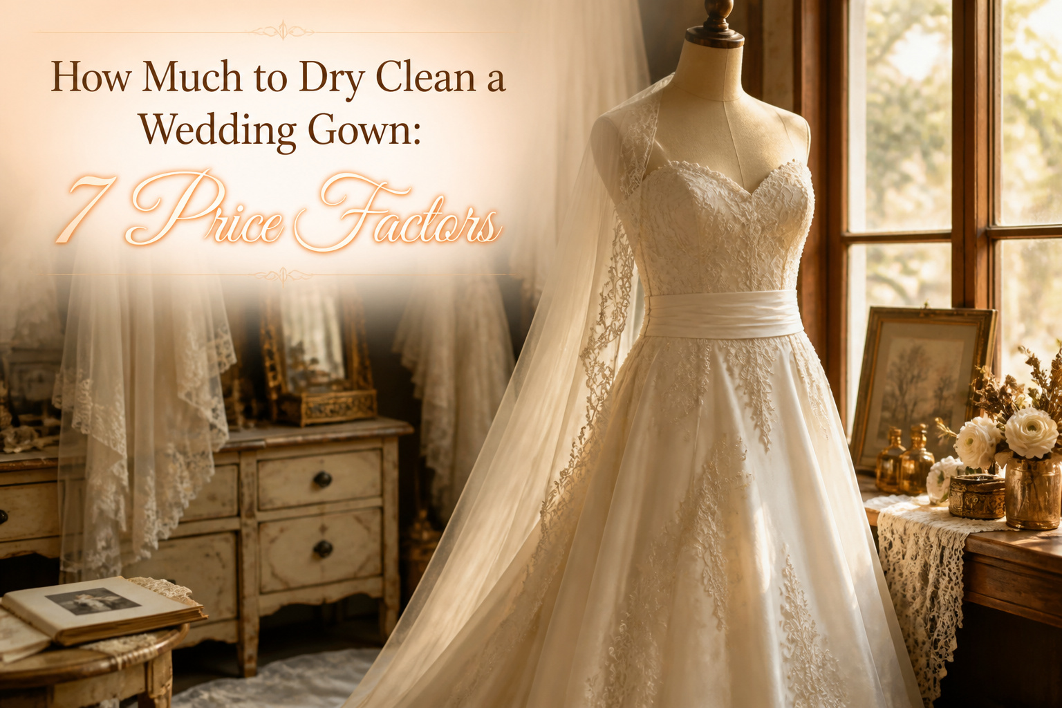 A wedding gown displayed in a preservation box.