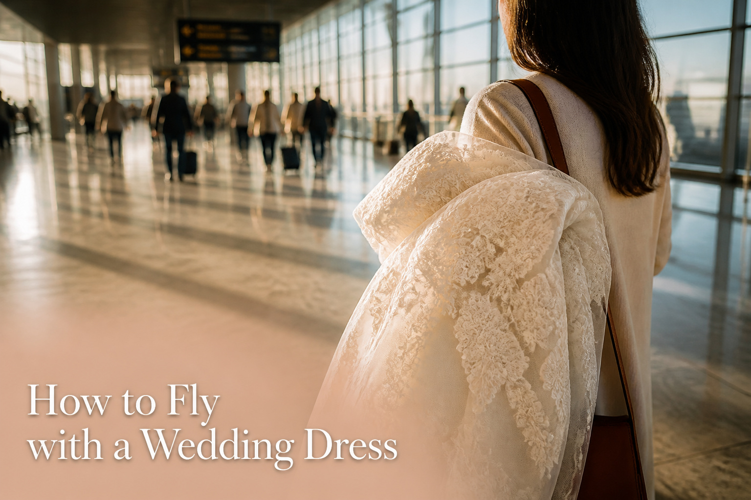 A bride holding a garment bag containing a wedding dress at an airport.