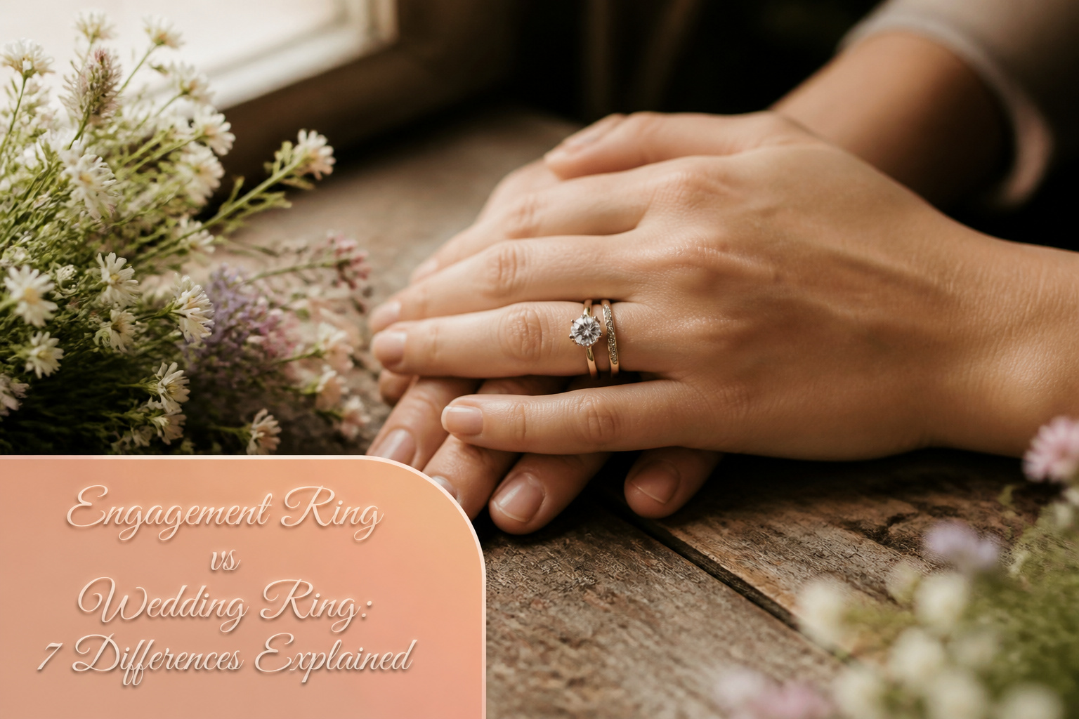 An engagement ring and wedding band displayed together on a table.