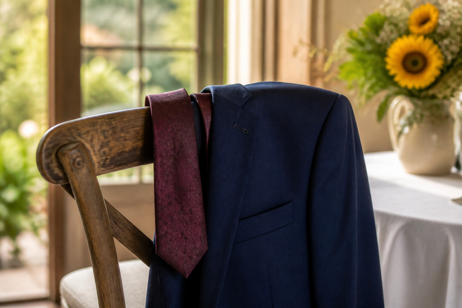 Groom in navy suit with a blue tie at a wedding.