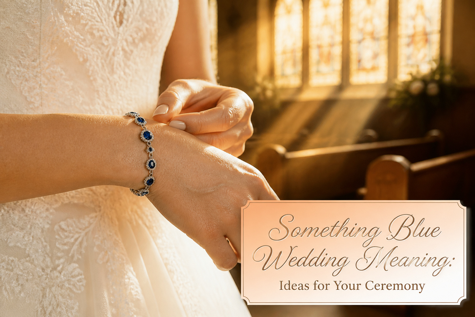 A vintage wedding dress hanging with a blue silk ribbon around its waist.