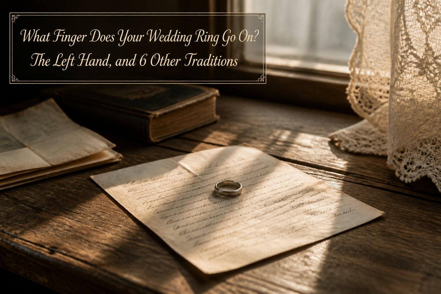 A hand with a gold wedding band on the fourth finger of the left hand.