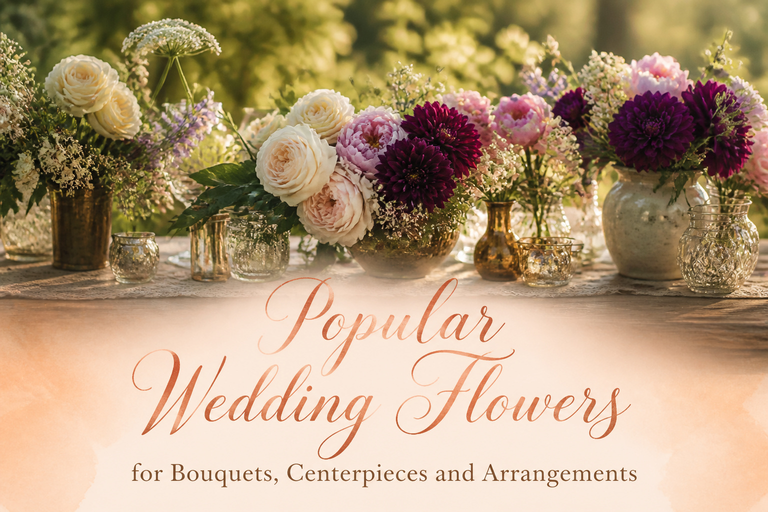 Various wedding flowers arranged in bouquets and centerpieces.
