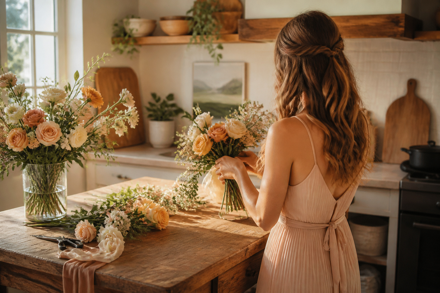 A maid of honor beside a bride, both smiling in a wedding setting.