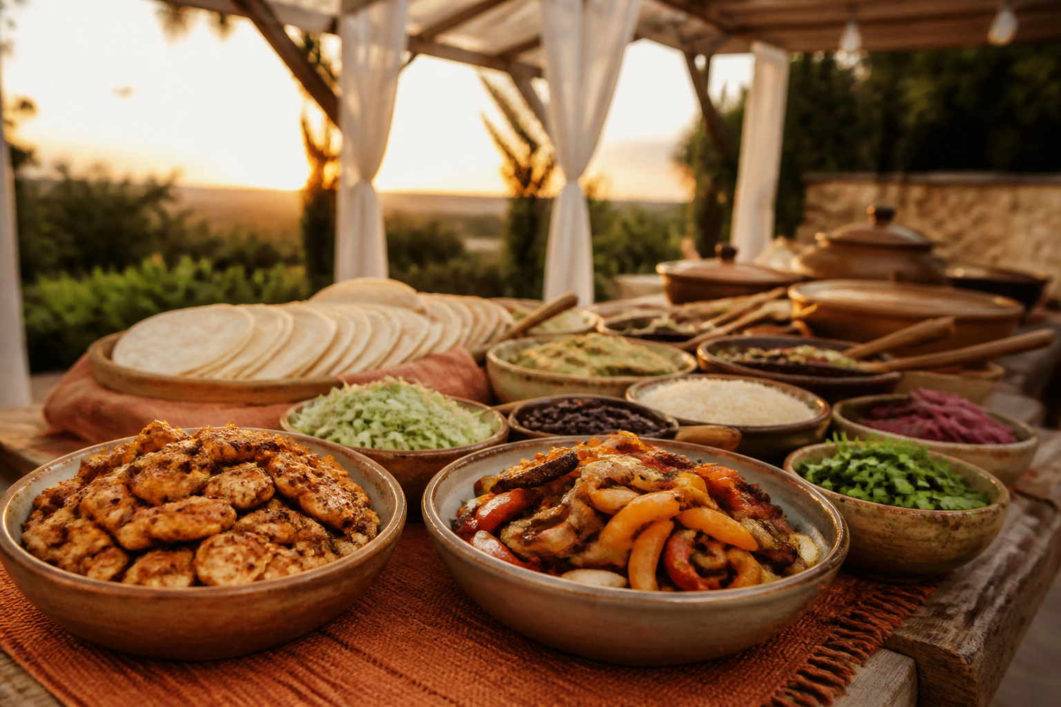 A variety of wedding food options displayed at a reception.