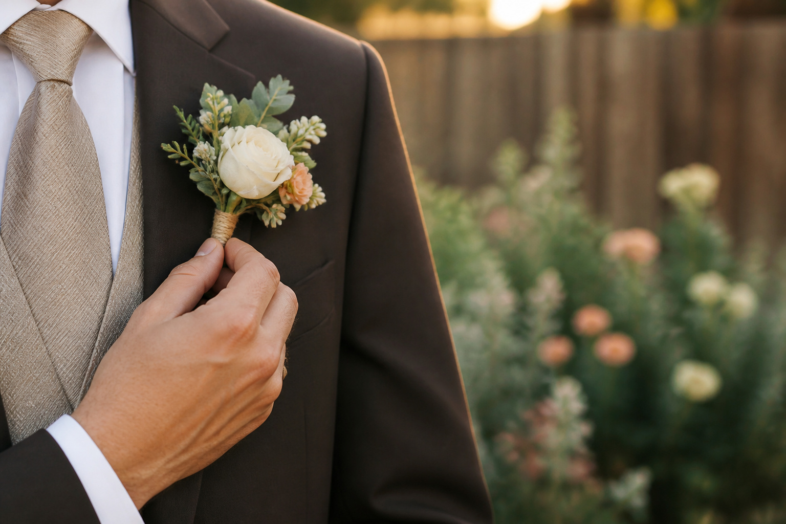 A groom wearing a boutonniere that matches the bride's bouquet.