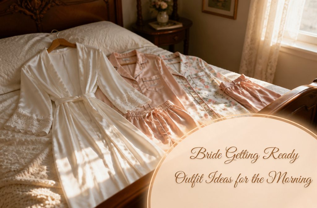 A bride in a comfortable outfit, surrounded by wedding decor.